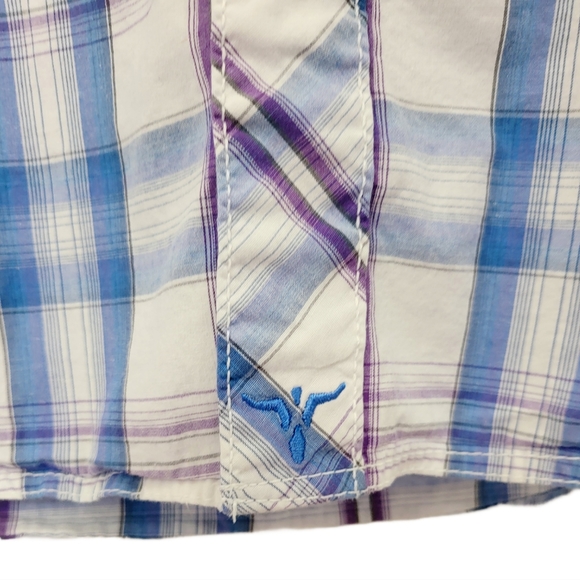 🌿Wrangler 20X Competition Mens Lavender/Blue/White Plaid Pearl Snap Shirt - Picture 7 of 9